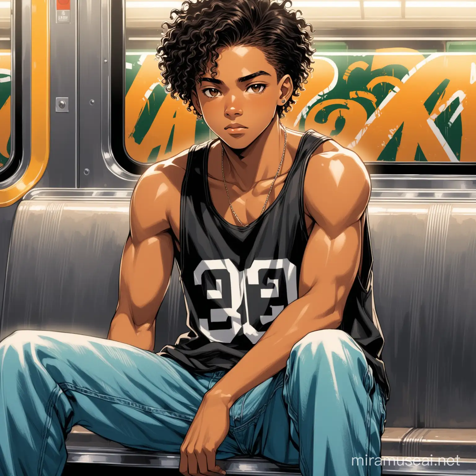 VERY DETAILED AND GOOD QUALITY, amazing, 4k, super cinematic style. A handsome African American/Mulatto teenager, in semi-realism art-style male in almost semi-anime-like, early twenties, with typical 1990s clothes. Oversized clothes, a black tank top, baggy jeans, brown eyes, short curly black hair. Sitting, half-body view, subway with graffiti 1990s New York.