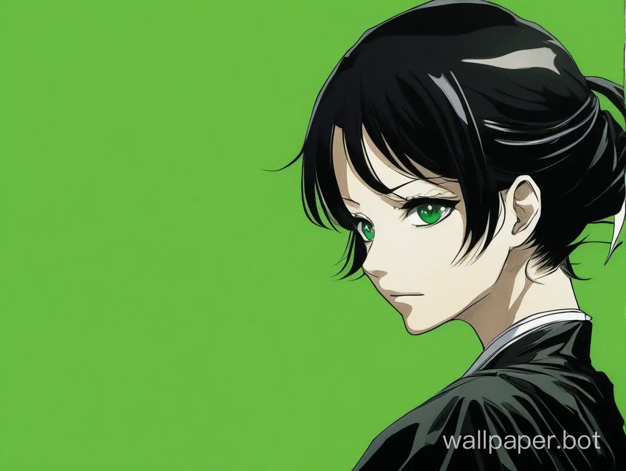 Satorou Gojo in a green background looking at a lady in black