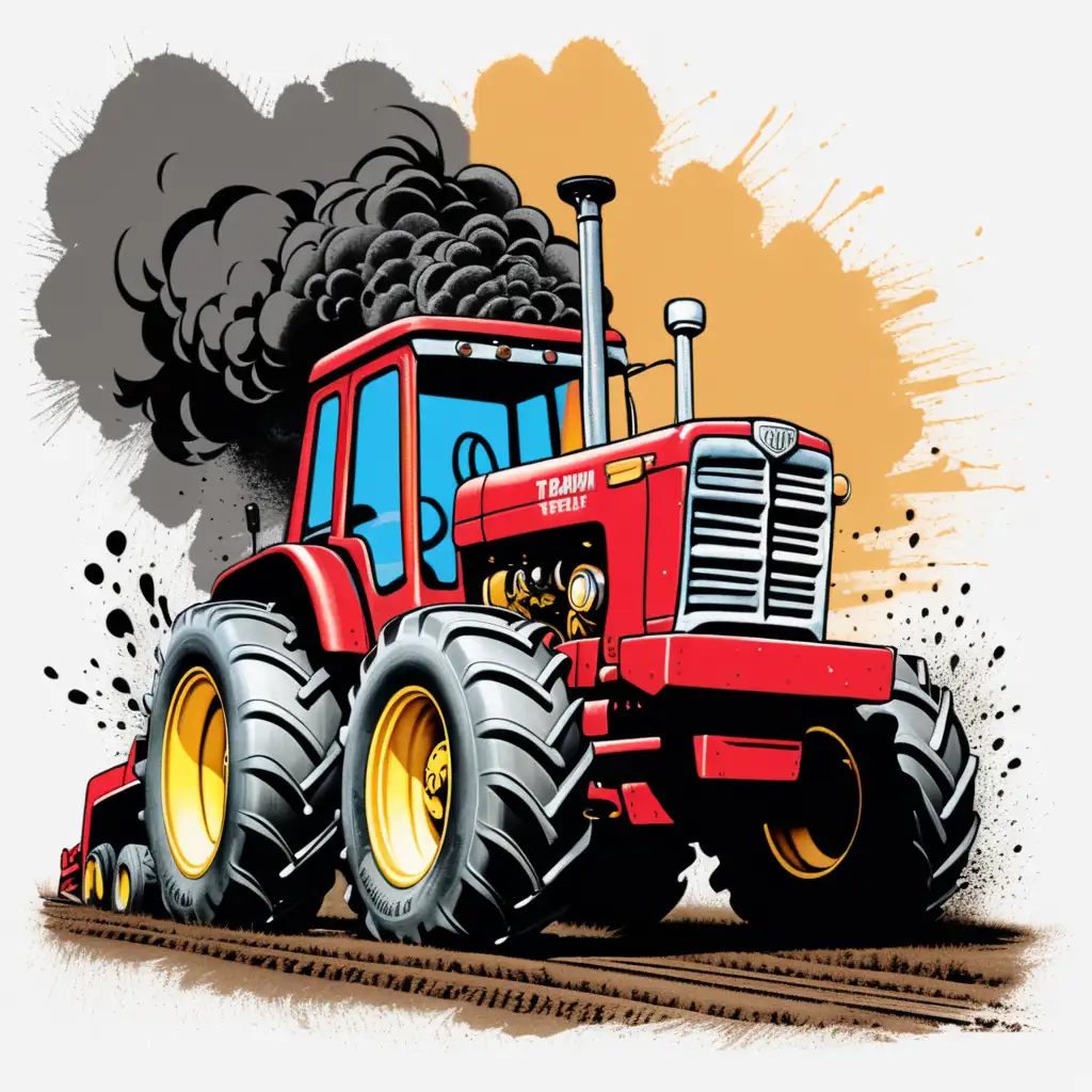 Cartoon Tractor pulling heavy equipment, black smoke coming from tractor, farm event, 7 colors, distressed edges on image, design for t-shirt 