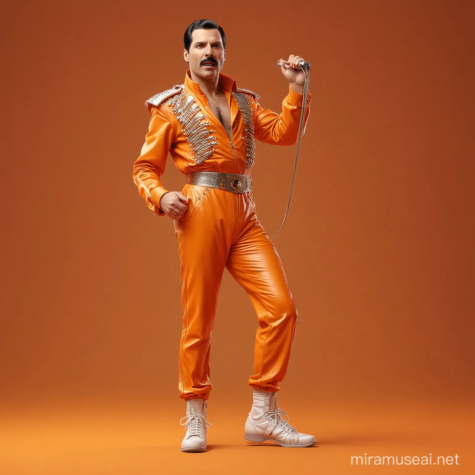 Freddie Mercury in full height  in orange color background in a realistic cinematic style
