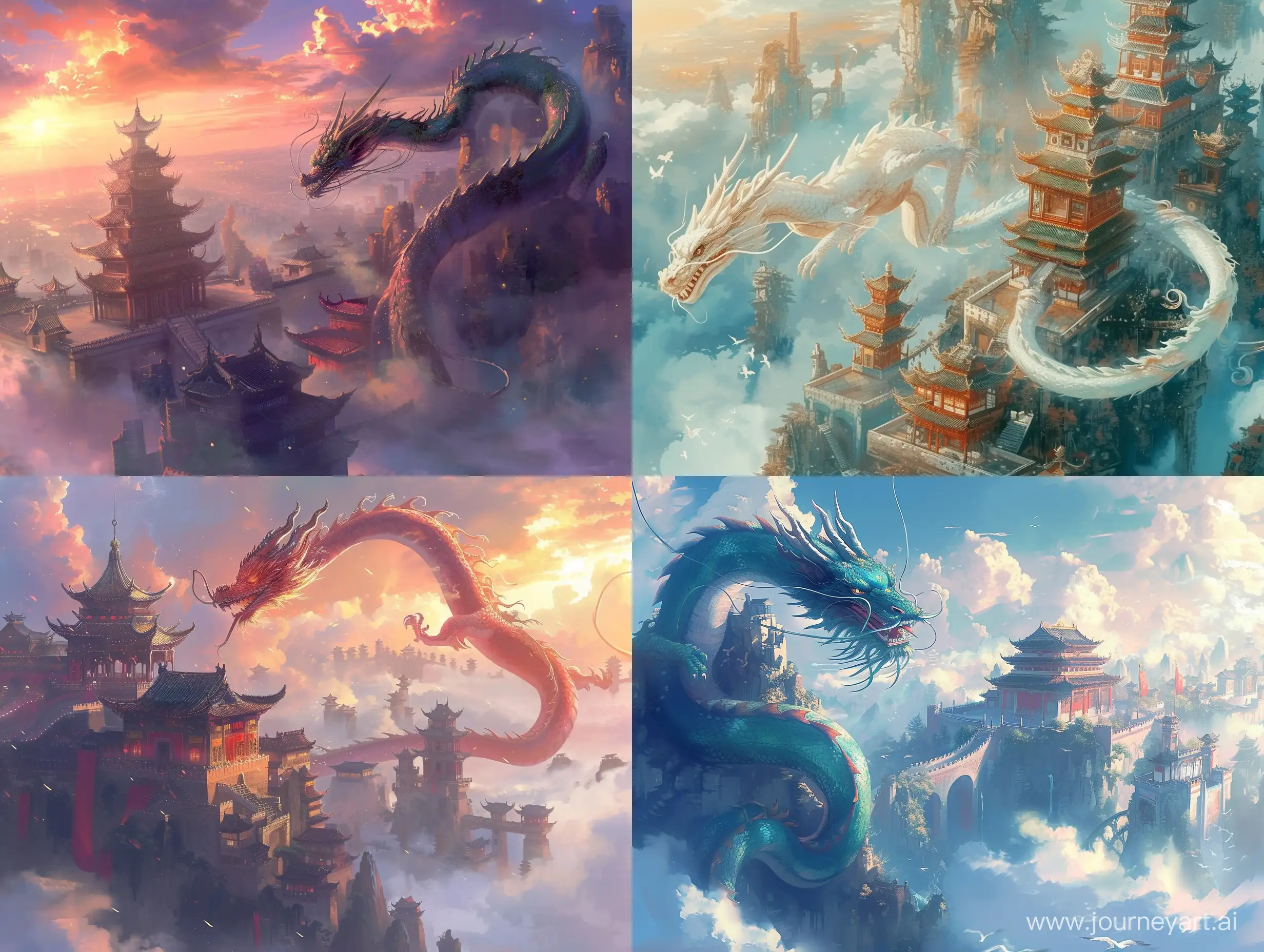 Chinese soaring dragon in soaring celestial city anime high detail --v 6 --ar 4:3 --no 70167
