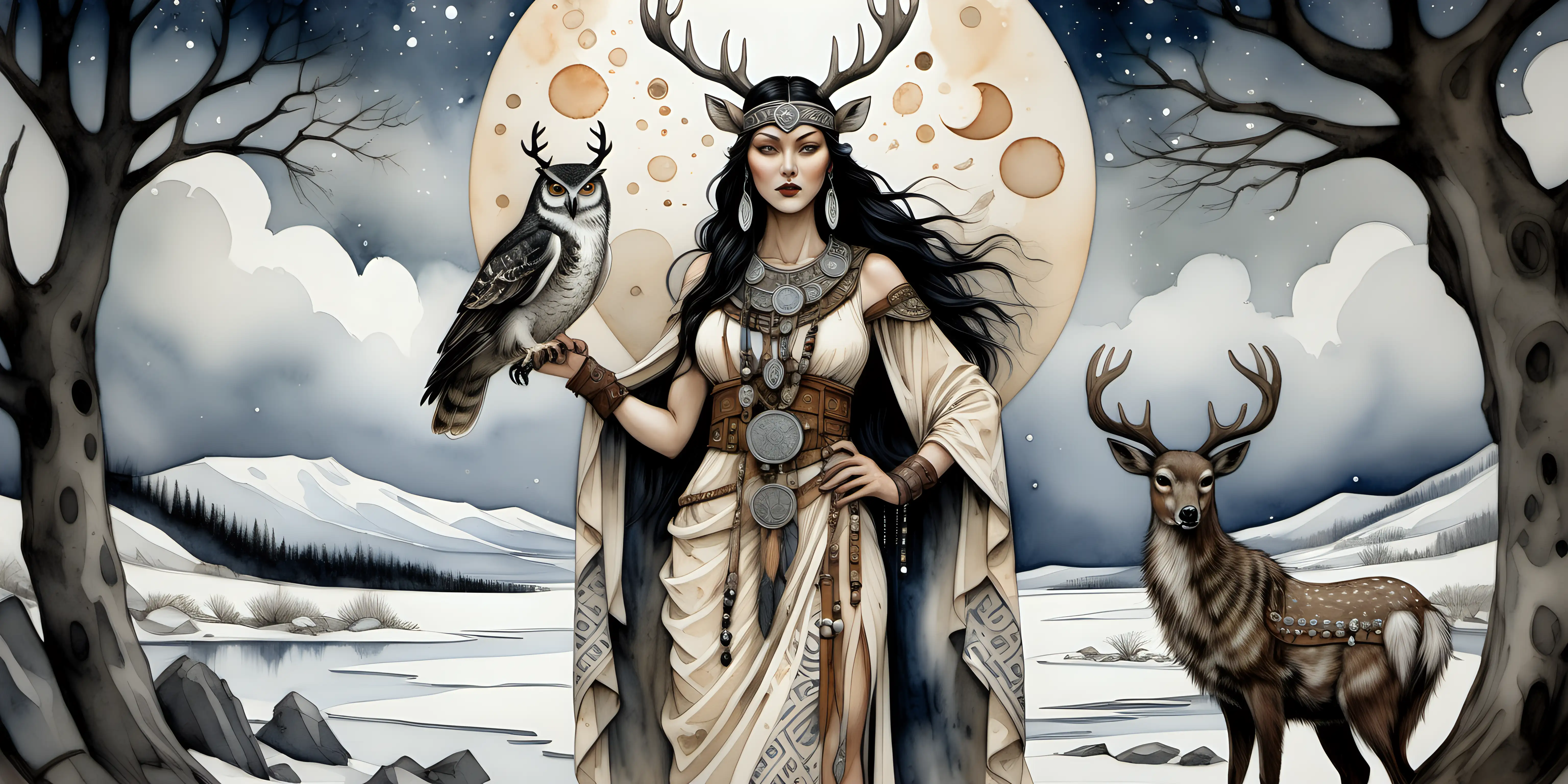 a water colour painting of a norse goddess , she has black hair, deer antlers on her head , her dress is beige in colour with viking symbols around the neck of her dress, she has a deerskin waistbag with black feathers dangling from the bag with beautiful carved silver beads, she has a silver wolf at her side, the sky is dark with a bright full moon, an owl is perched in the tree beside her. there are viking symbols carved on the rocks under the tree. 
