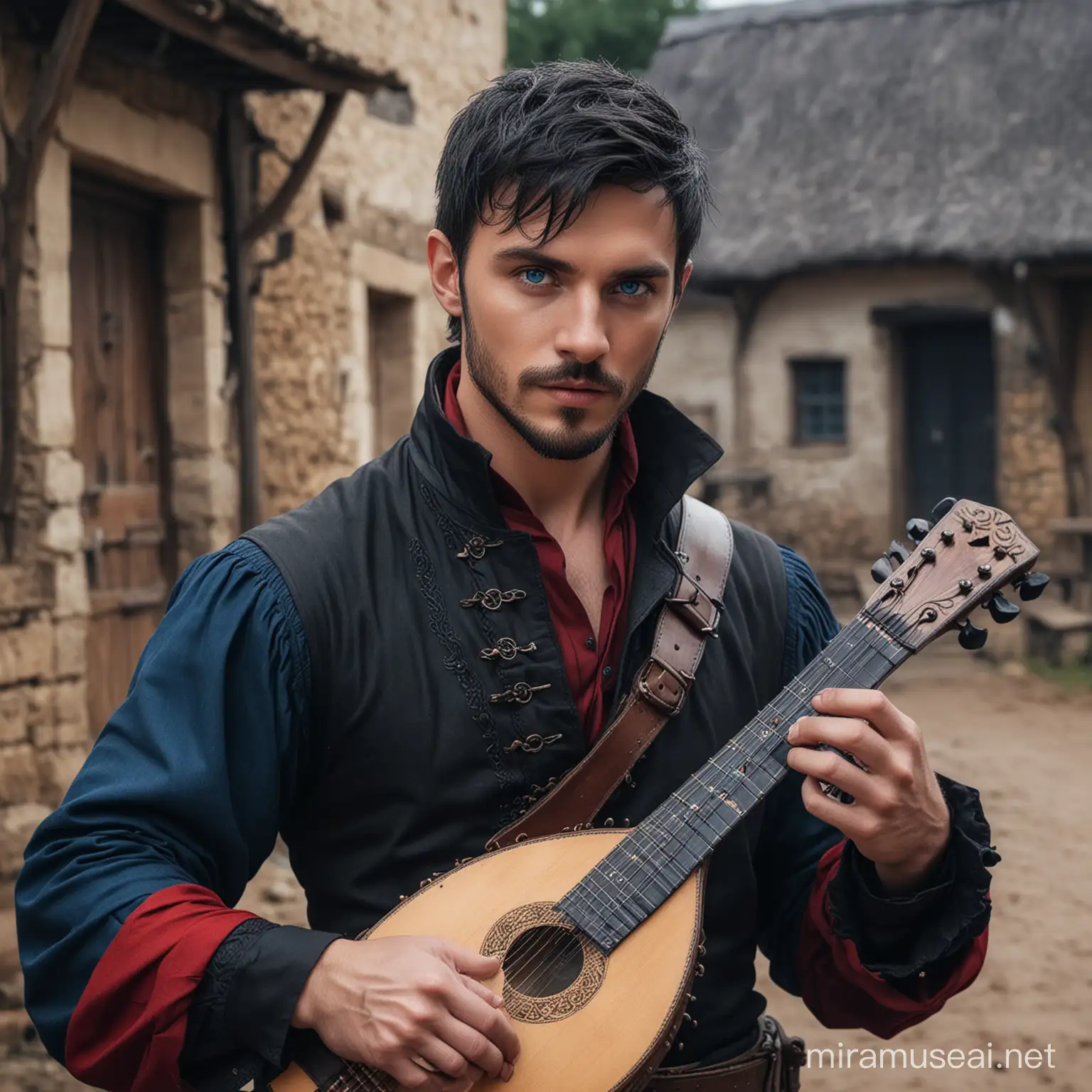 Fantasy bard, human, male, short black hair, blue eyes, stubble beard, dark outfit with red details, lute in his hands, in a village