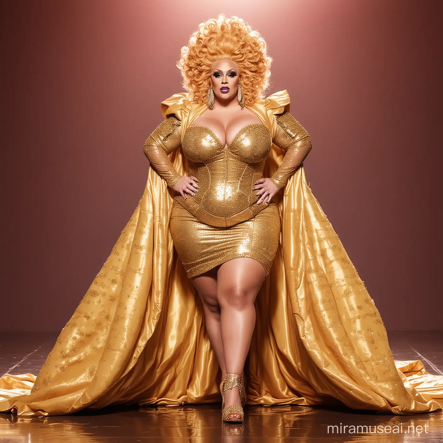 a full body image of a fat caucasian drag queen walking on the Rupaul's Drag race runway wearing an outfit inspired by the prompt: drowning in gold