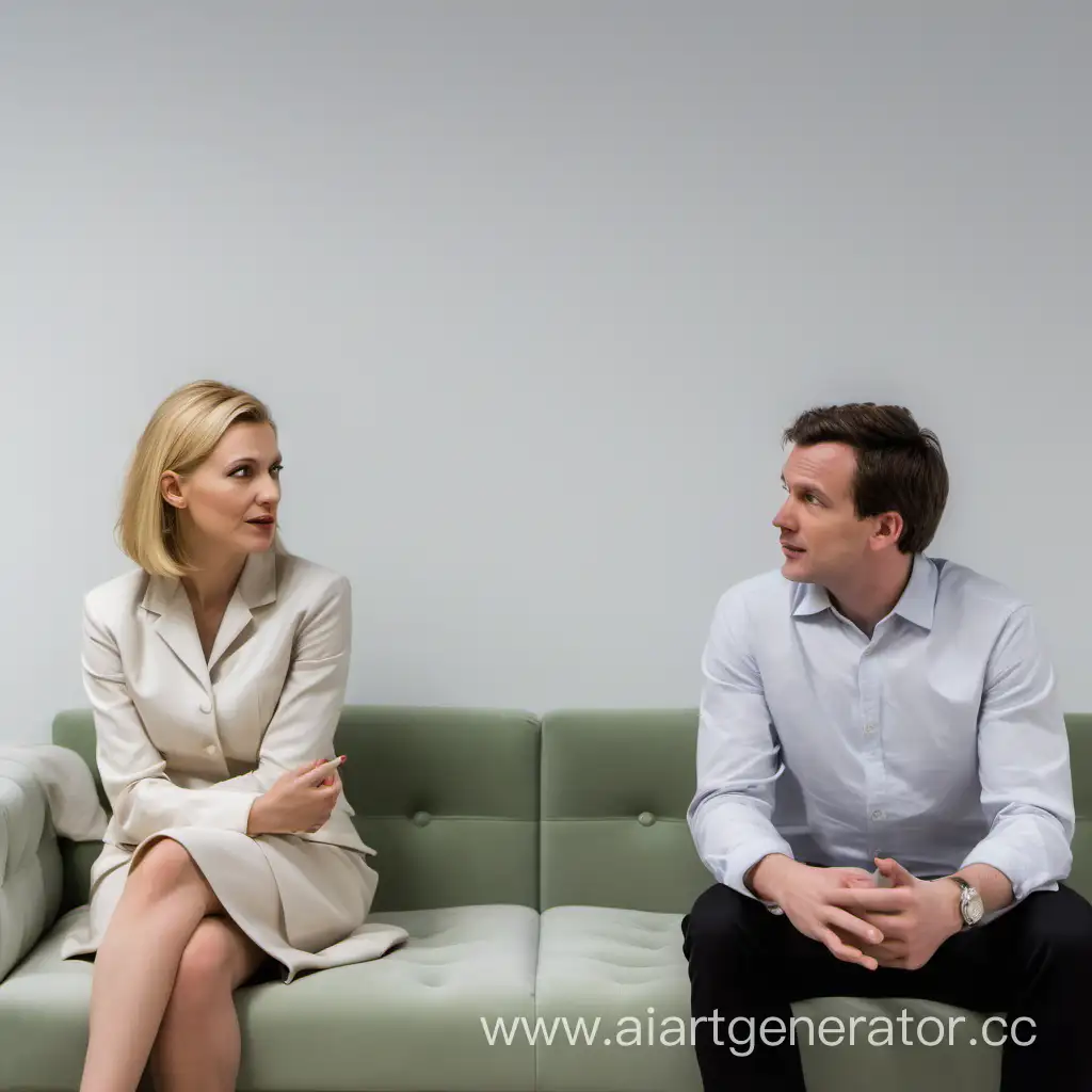 A white man and a white woman are sitting on a sofa in front of a wall, engaged in a conversation. Their expressions are relaxed and comfortable, as if in the middle of a warm discourse. The sofa on which they are sitting is stylish and cozy, matching the rest of the room decor. They are dressed casually but stylishly, fitting for an indoor setting. Both have straight posture, indicating attentiveness and respect during their discussion. The wall behind them is painted in soft colors