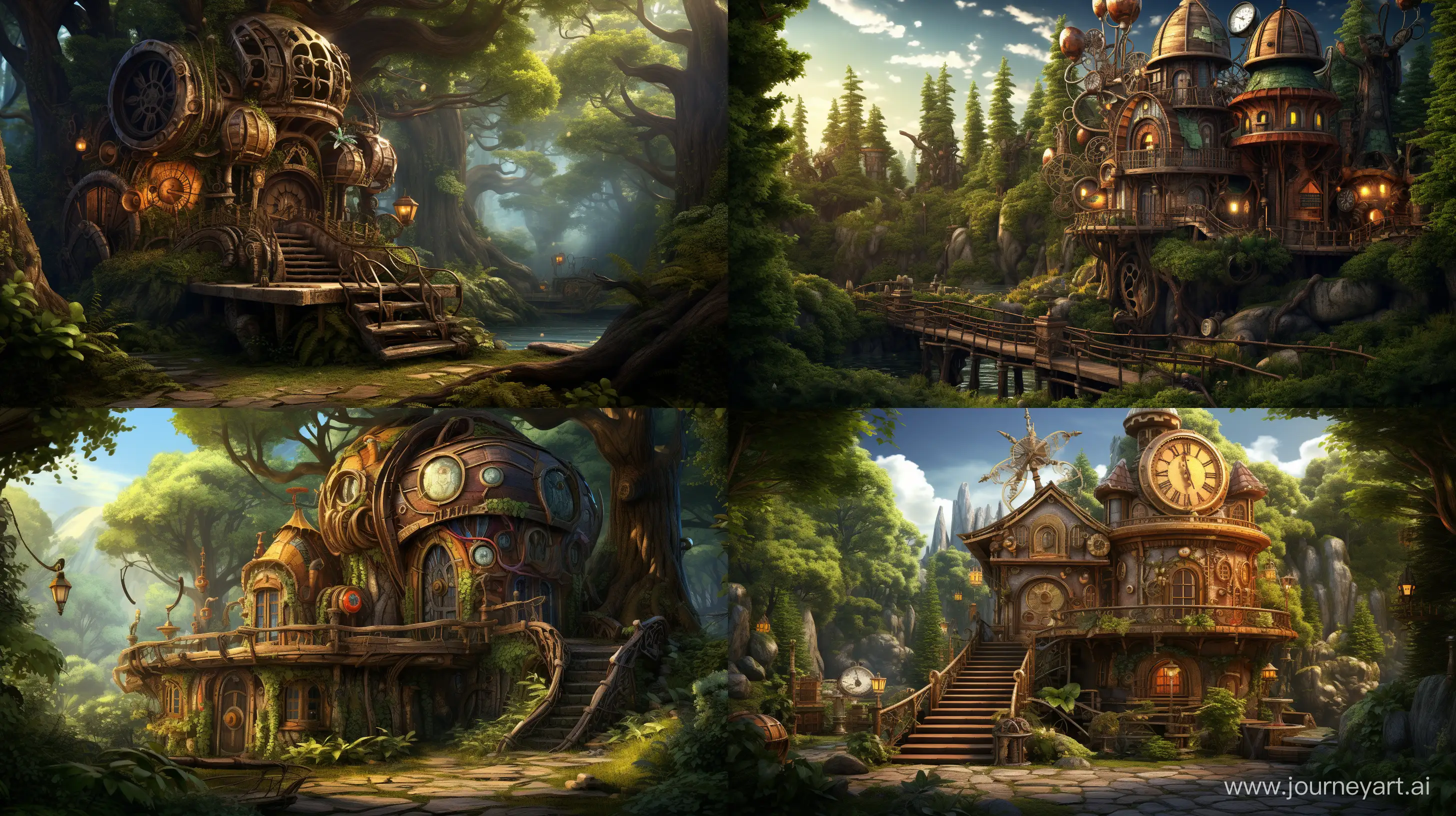a forest with a wooden cabin, steampunk, hd --ar 16:9