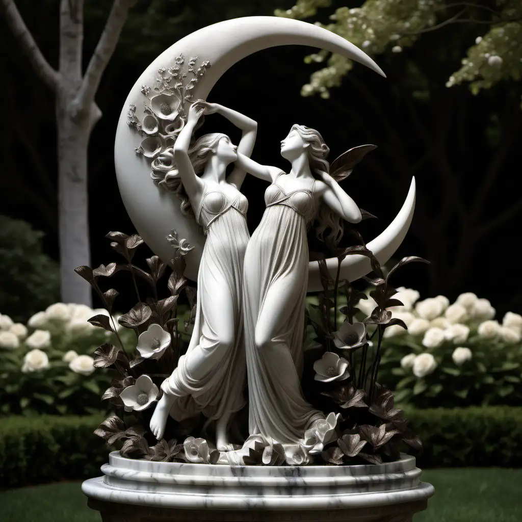 /imagine prompt: A mysterious moonlit garden, ethereal moonlight casting soft shadows, fragrant flowers in full bloom, an air of romance and enchantment pervading, Sculpture, marble and bronze, detailed and life-like, --ar 9:16 --v 5