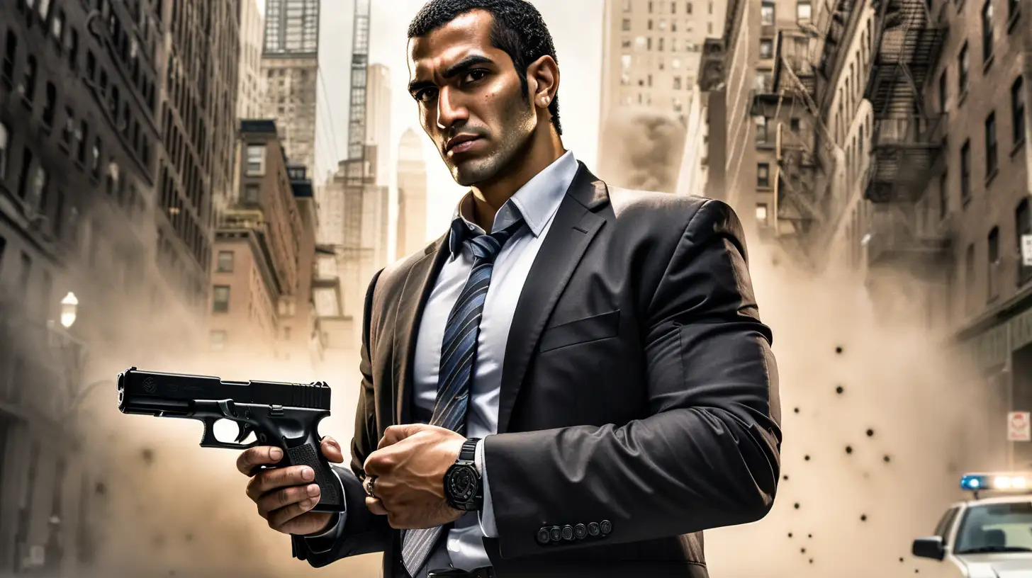 Agile ArabAmerican Federal Agent Omar with Glock 17 in Manhattan Manga Scene