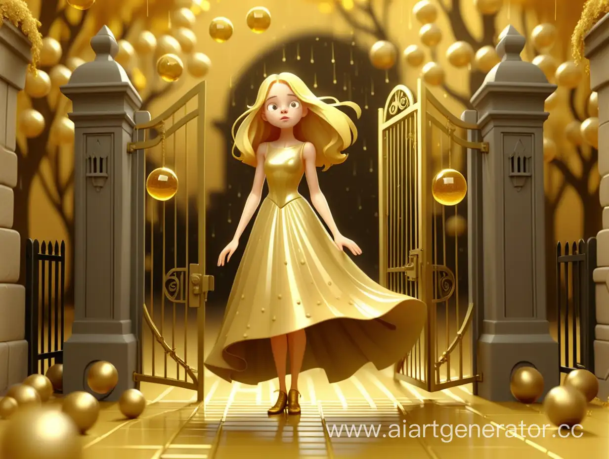 на золотом фоне с золотыми деревьями  девушка с золотыми волосами,золотым платьем,золотыми туфлями стоит под  воротами с калиткой, украшенными арфами а на нее льется золотой дождь из золотых кристальных шариков  которые лежат на полу 
3д анимация