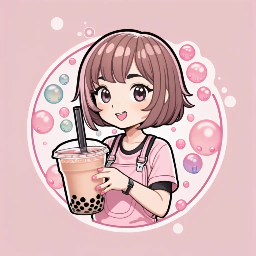 Cartoon Bubble Tea Logo with ShortHaired Girl Holding