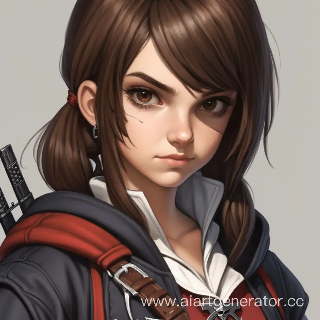 Teenage girl, brown hair, dressed as an assassin