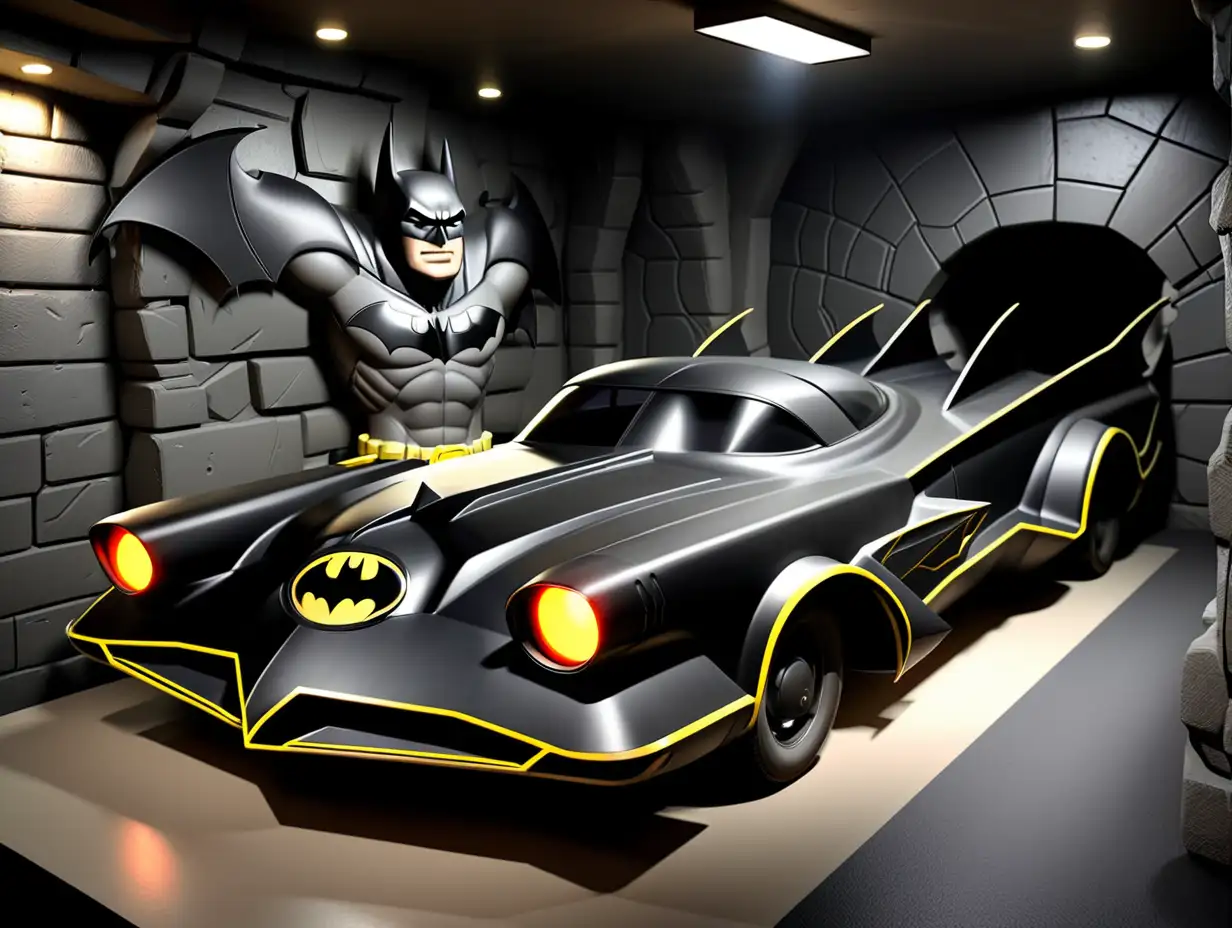 Sleek Batmobile Parked in the Iconic Batcave Setting