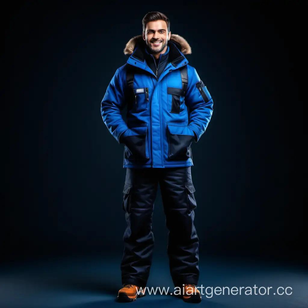 Full-length photo of a strong and handsome man, wearing beautiful very warm insulated workwear in black and blue. He stands confidently with a smile, captured in a front view, full-length view. The image is of 4k quality, with high dramatical lighting that enhances the details and textures of the clothing.