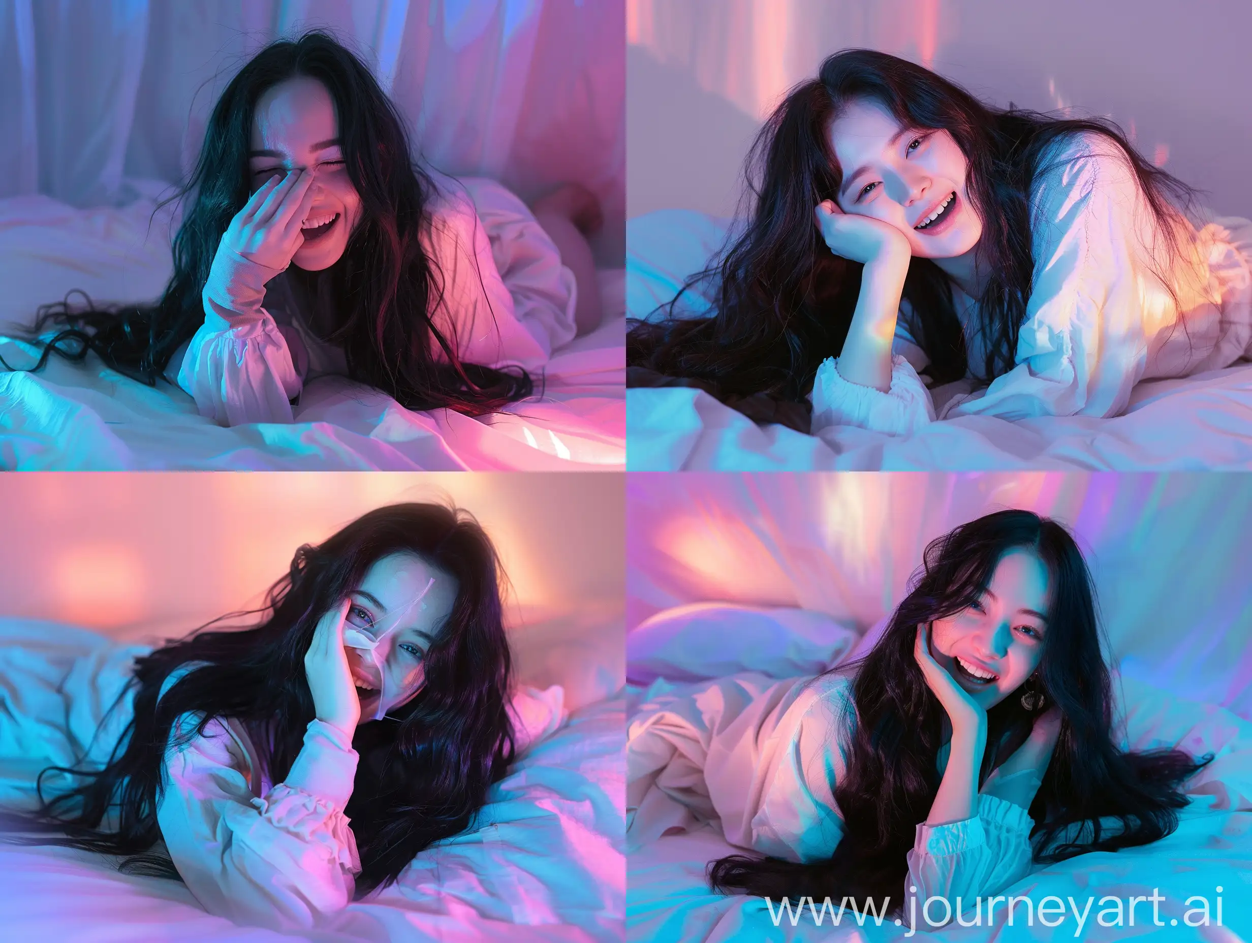 Aesthetic instagram picture real person, girl with long black hair laying on bed laughing covering her mouth with sleeve covering her hand in pastel lighting 