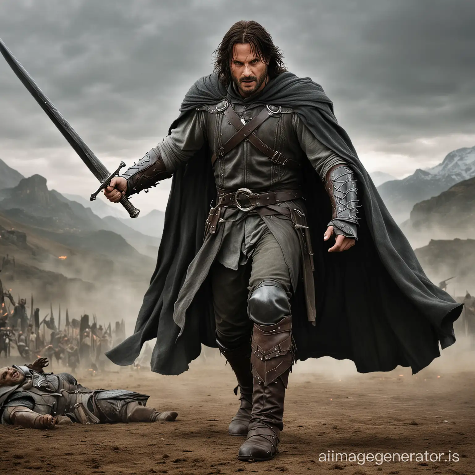 Aragorn from lord of the rings fighting with a big orc like monster. Aragorn wears a grey cape and leather boots.