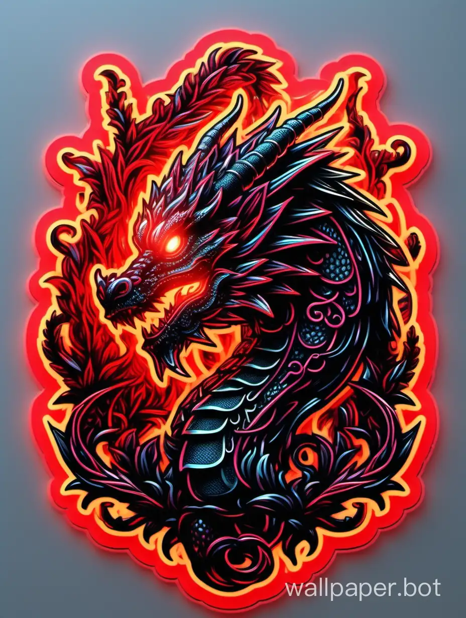 head of dragon, red neon, neon high light, black ornamental flowers, intricated fire, sticker art