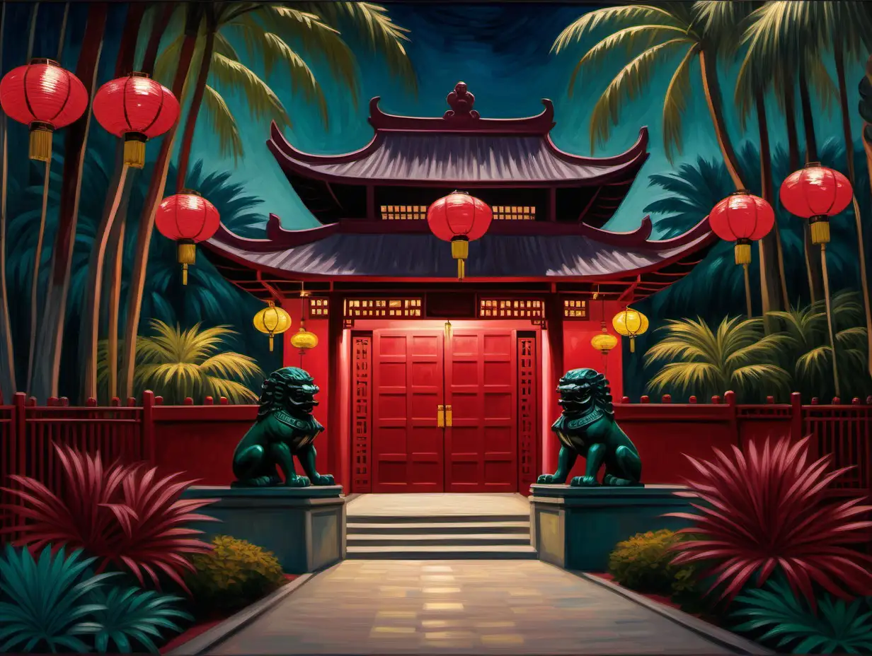 Monet Impressionist Painting ChineseFilipino House Nightscape with Guardian Lions and Capiz Lanterns