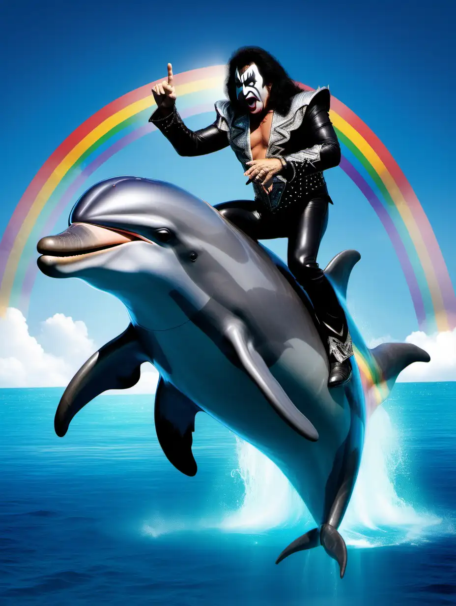 Gene Simmons from Kiss Riding on a Dolphin Under a Rainbow