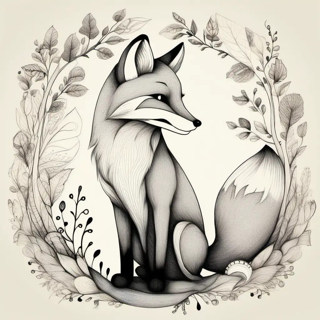 fox drawing whimsical and soft in style kind of like winnie the pooh books one color