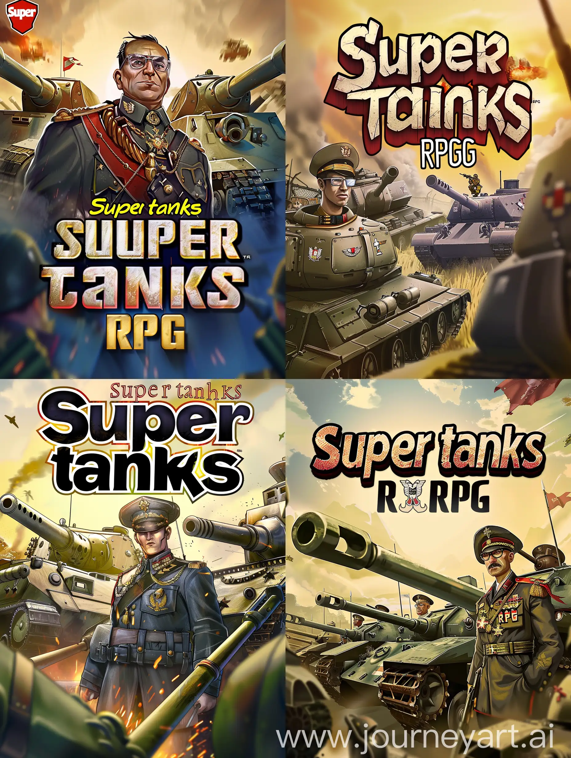 Computer game cover, 2D tanks, army general, inscription “Super tanks RPG”