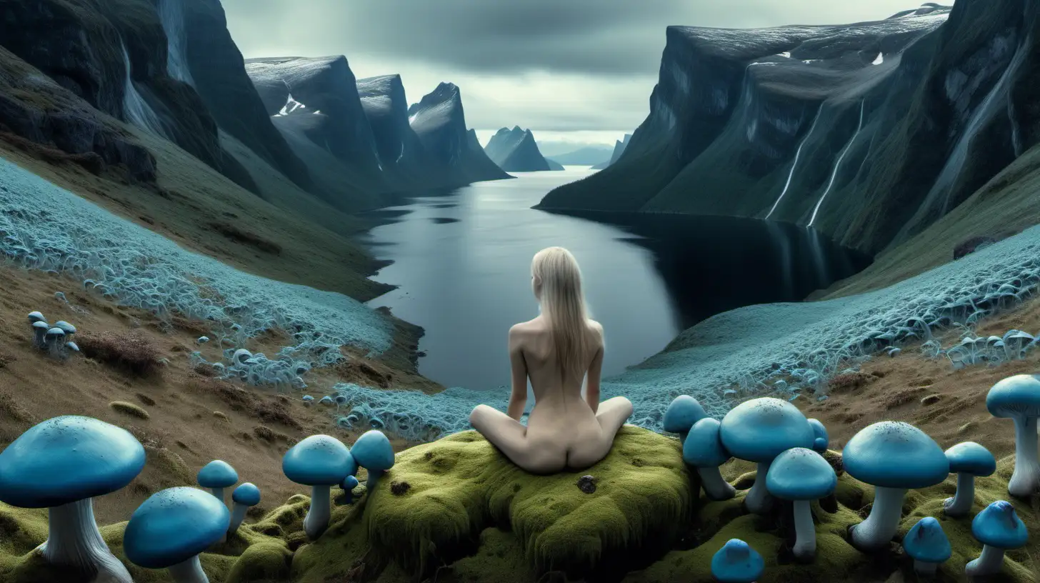 Psychedelic landscape, very high Nordic fjords surrounding on either side, low contrast, muted colors, nude woman sitting in center looking away from viewer, moss, Large blue mushrooms with gills, euphoric, serene