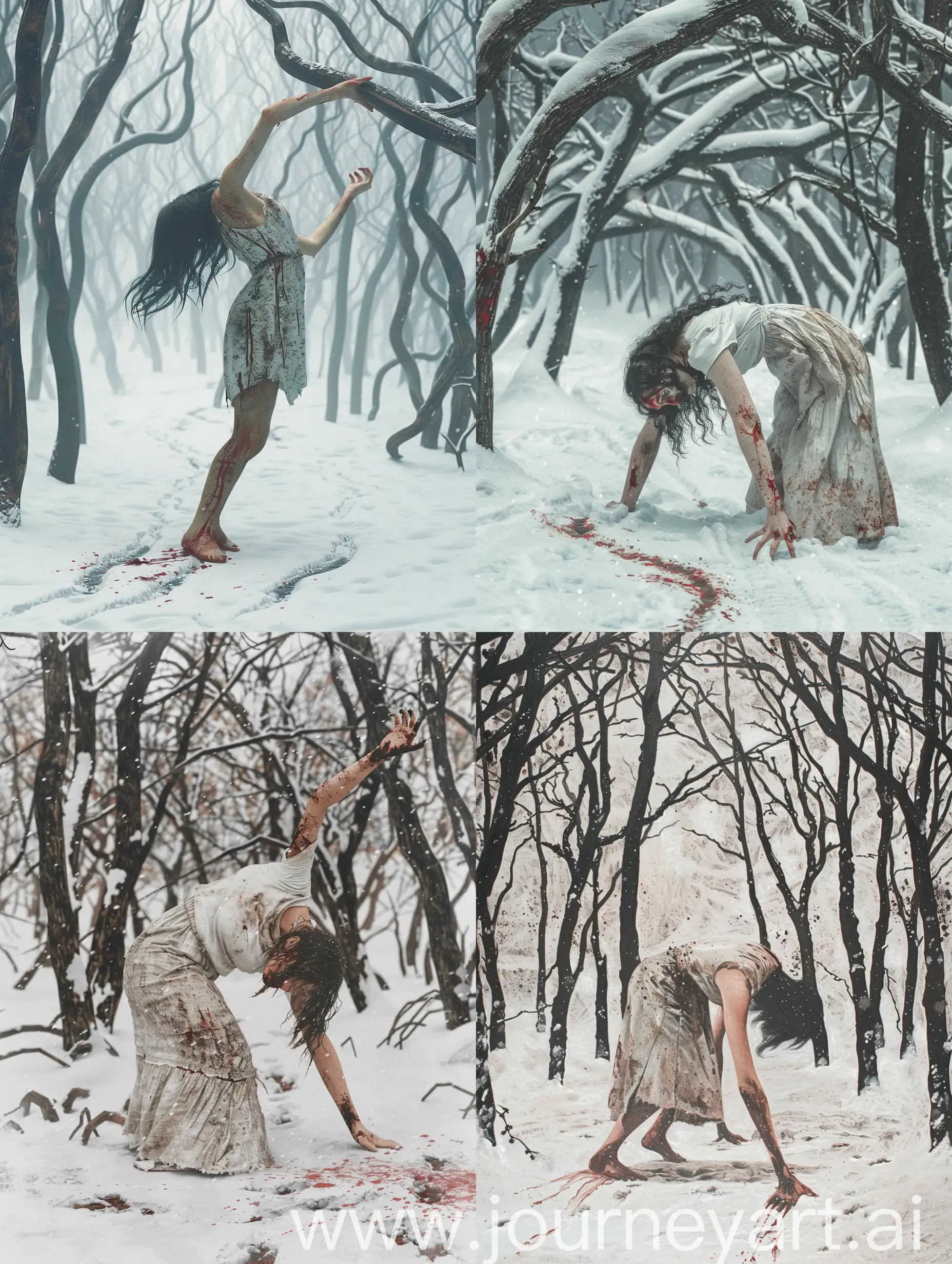 Create a dark horror piece that captures the terror and agony of a possessed woman in a snowy forest.
- The woman should be in a tonic posture, bending backward with her arms and head extended, as if tormented by an unseen force.
- The woman’s attire should be torn, dirty, and bloody, creating a disturbing contrast with the white snow and the bare trees.
- The trees should have twisted branches that create menacing shapes against the gloomy sky. The snow should be stained with blood and footprints.
- The piece should convey a sense of dread, pain, and despair, as the person suffers the wrath of the demon.