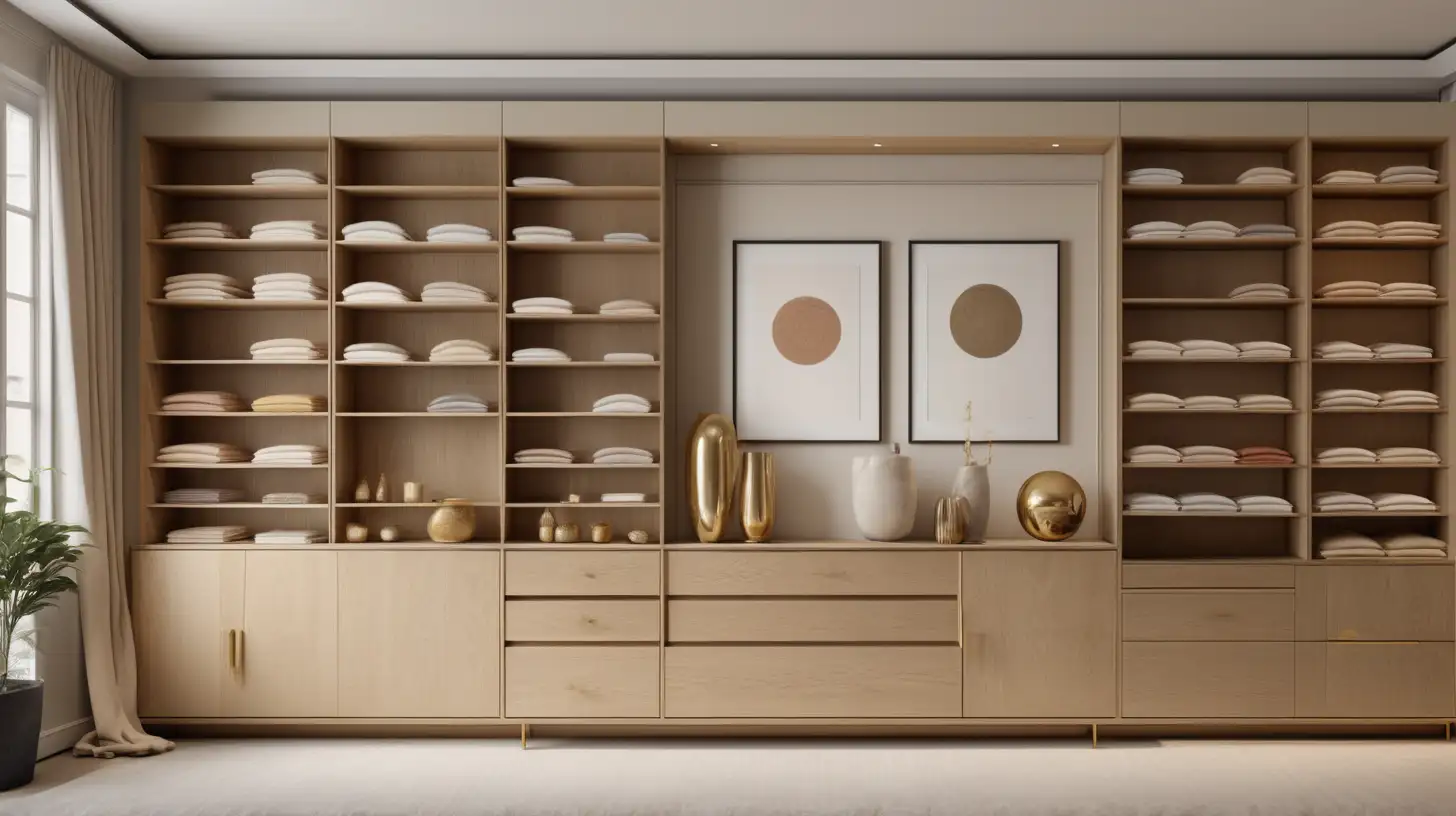 a Hyperrealistic image of furniture design for an interior design firm; a built in wall shelving sample display unit with drawers at the bottom, open shelving at the top, some hanging space for fabric samples; beige, light oak and brass colour palette