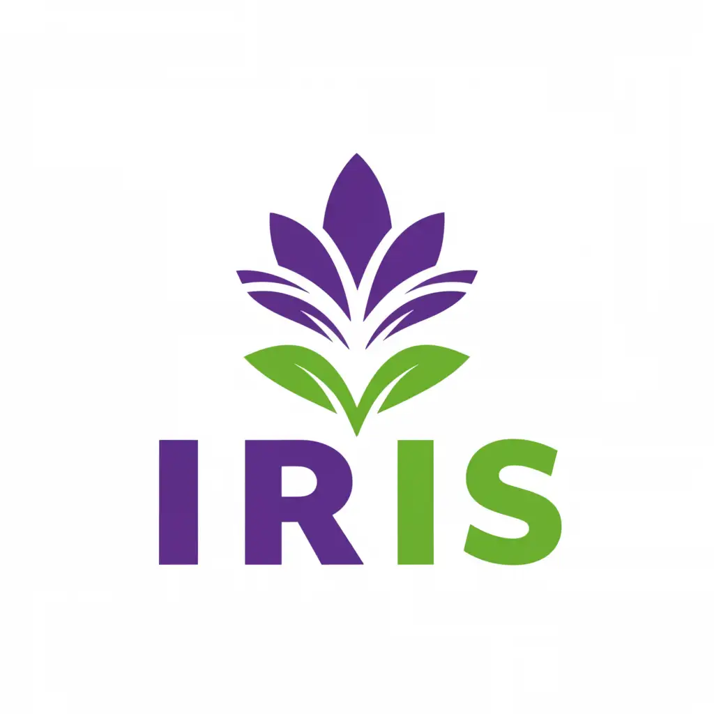 a logo design,with the text "I.R.I.S.", main symbol:The flower iris 
Use the colors green and purple,Минималистичный,be used in Развлечения industry,clear background