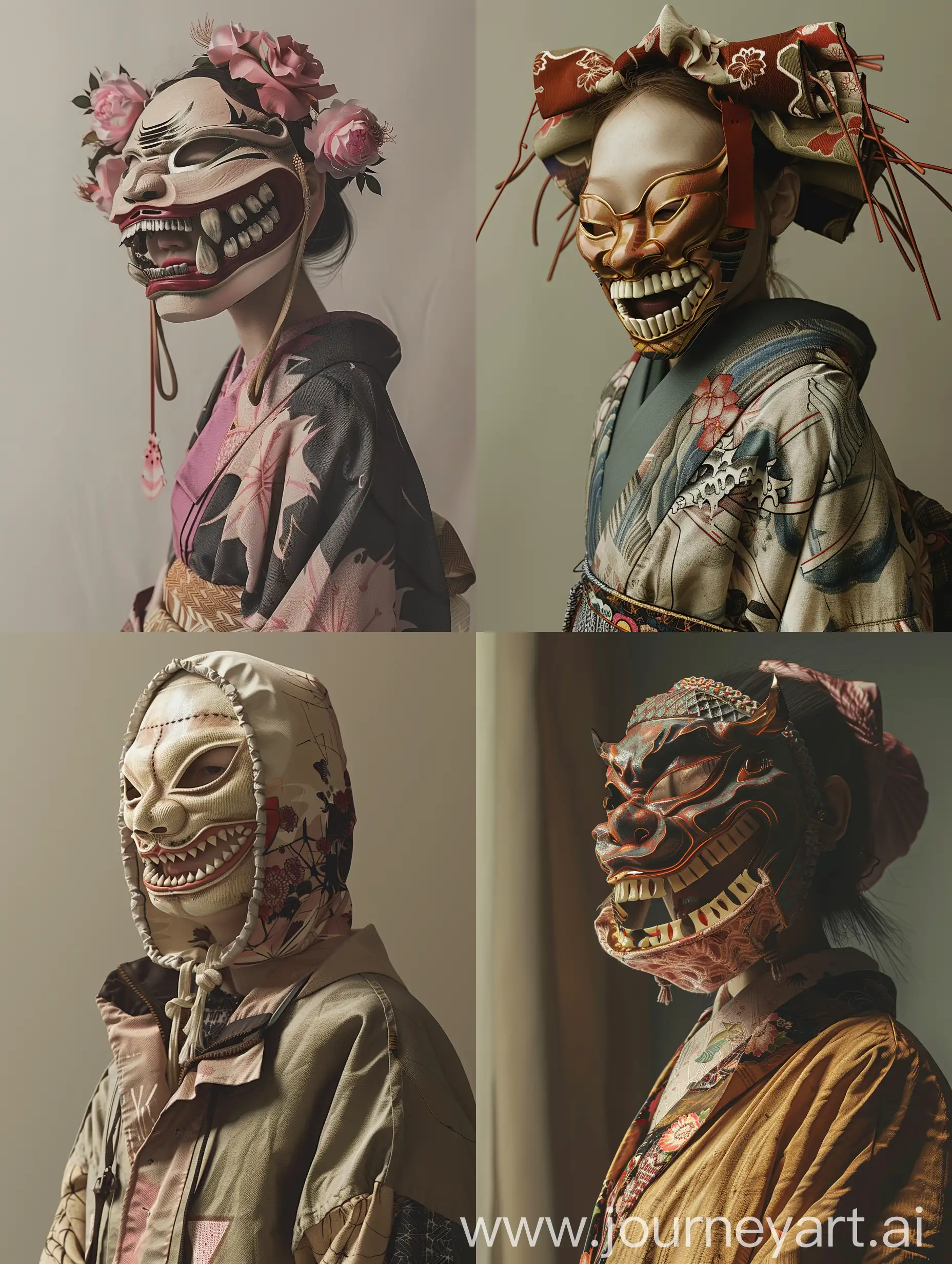 A realistic photo featuring a model adorned in a traditional Japanese hannya mask with teeth, paired with a stylish streetwear ensemble infused with Japanese aesthetics. The scene is set in a softly lit studio environment at Bansai Studio, creating an ambiance of elegance and sophistication. Soft, muted tones accentuate the colors of both the attire and the mask, while gentle lighting highlights the intricate textures of the clothing and the details of the mask. The composition is carefully crafted to evoke a sense of beauty and allure, capturing the model's enigmatic presence with a touch of mystique.