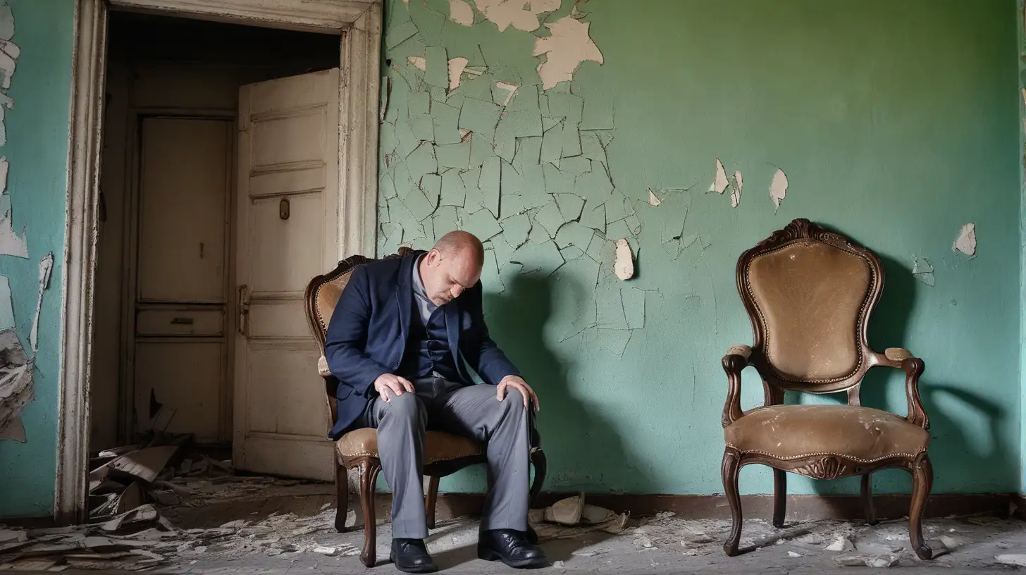 1man, 40-years-old, sitting in creaky old chair, staring at the peeling paint on the walls