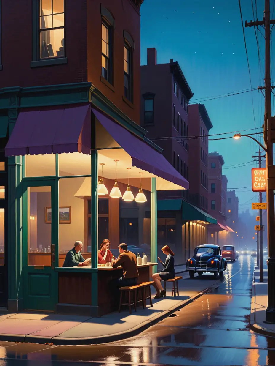 The painting portrays a quiet, atmospheric street scene reminiscent of Edward Hopper's signature mood. The canvas is dominated by a dimly lit urban street, flanked by two-story buildings on both sides. The buildings are bathed in a soft, warm glow from the scattered streetlights and the last remnants of daylight on the horizon.

On the left side of the composition, there's a small, old-fashioned diner with a neon sign that reads "Hopper's Café." Its interior is dimly lit, revealing a lone figure sitting at the counter, their silhouette slightly illuminated by the counter's edge. The figure appears lost in thought, their face half-hidden in the shadows.

The right side of the street features a row of residential buildings with large, rectangular windows. Behind these windows, we catch glimpses of life unfolding within. In one window, a person can be seen reading a book, while in another, a couple sits quietly at a dining table, their faces obscured by the reflection of the interior light. These glimpses into the private lives of the inhabitants create a sense of voyeuristic intrigue, characteristic of Hopper's work.

The street itself is mostly deserted, with only a few parked cars casting long, dramatic shadows. The cobblestone road glistens with moisture from an earlier rain, intensifying the play of light and shadows. The distant streetlight at the end of the road casts a soft, ethereal glow, drawing the viewer's eye toward the vanishing point.

Above, the sky transitions from deep, dusky blue near the horizon to a purplish hue higher up, signaling the approaching night. A few stars twinkle faintly in the sky, further enhancing the sense of solitude and isolation.

In this digital painting, the essence of Edward Hopper's distinctive mood, use of light, and ability to convey a narrative through visuals is captured, evoking a sense of quiet contemplation and nostalgia.