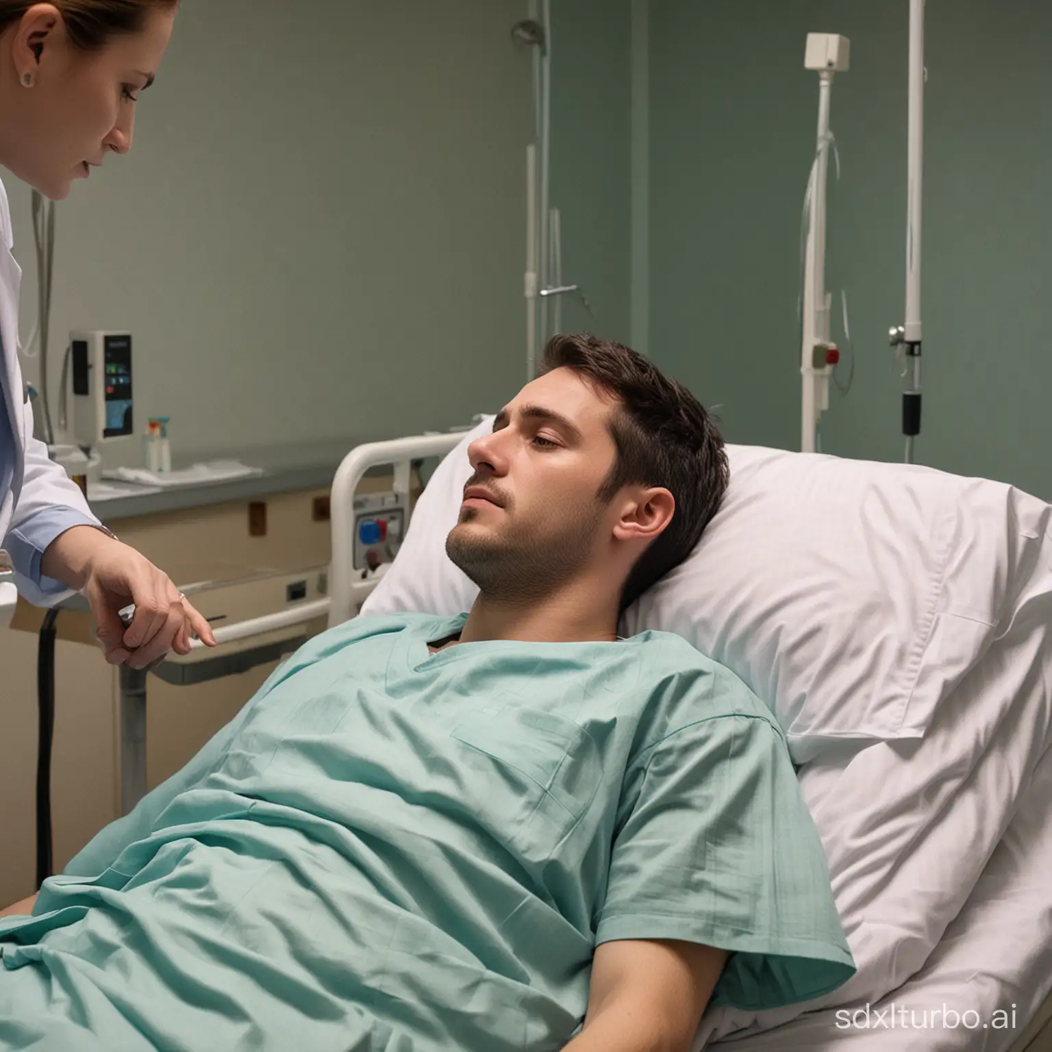 一个病人痛苦的躺在病床上，一位年轻医生在对面问他病情。