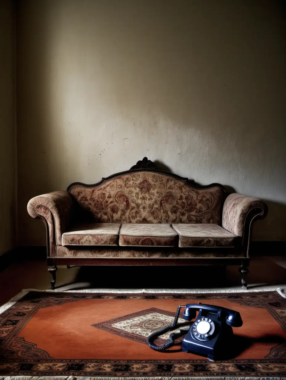 Image, old sofa, old carpet, the ghost, small table, telephone ☎️ 