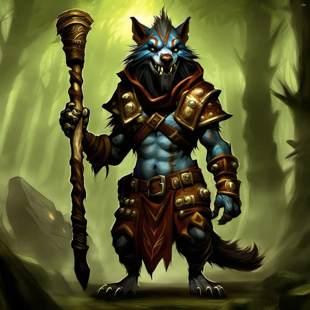 gnoll mystic with stave and hood, elwynn forest, world of warcraft tcg art, stylized game asset