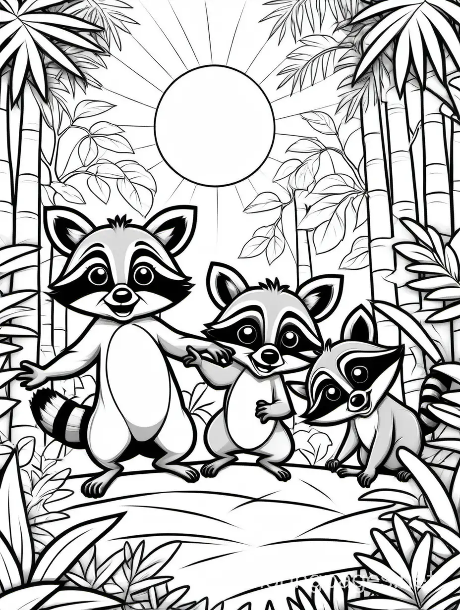 Baby raccoons playing together in a jungle, trees, sun, Coloring Page, black and white, line art, white background, Simplicity, Ample White Space. The background of the coloring page is plain white to make it easy for young children to color within the lines. The outlines of all the subjects are easy to distinguish, making it simple for kids to color without too much difficulty