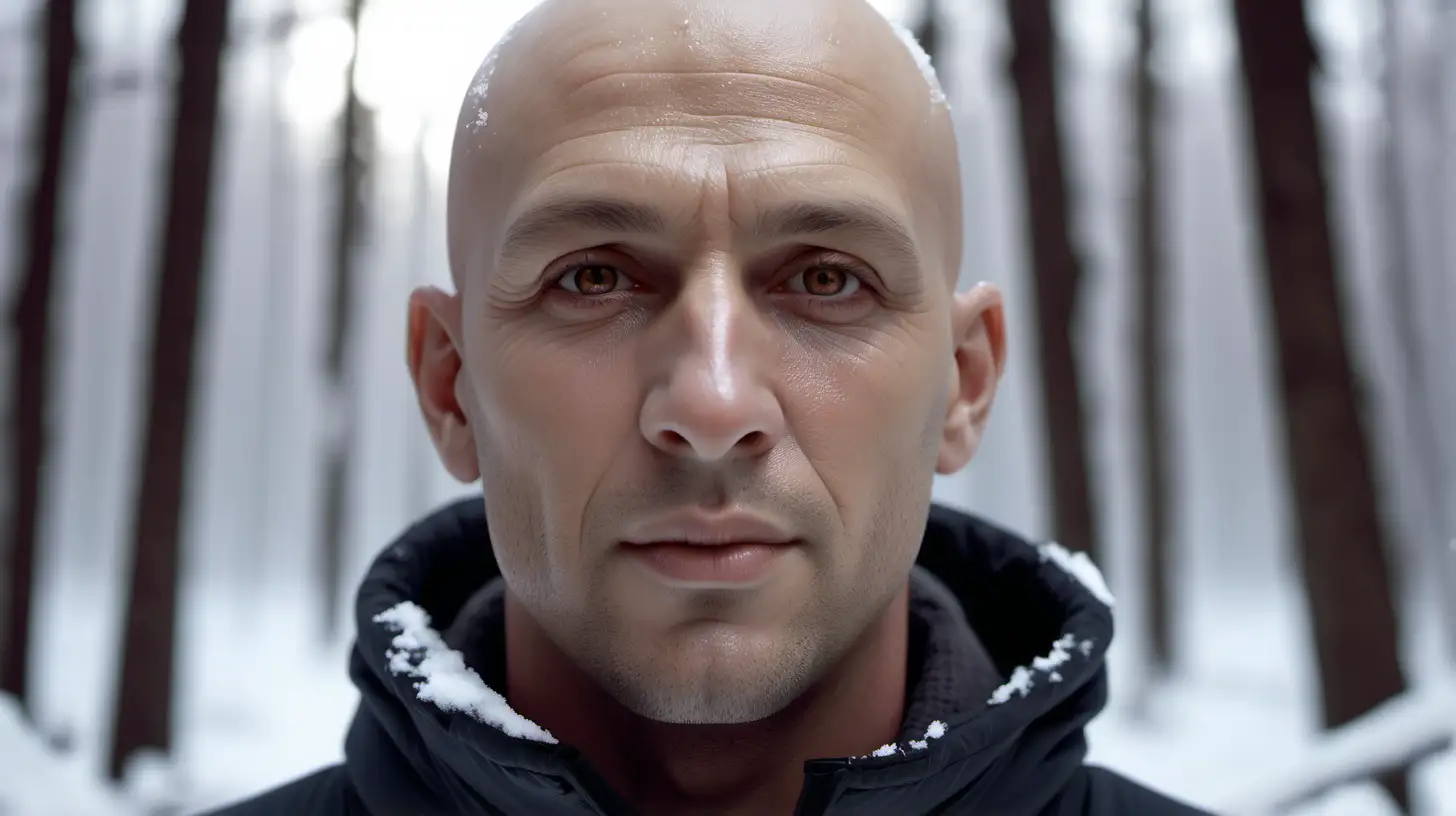 portrait of male, white, brown eyes, bald, smooth skin, ultra 4k, volumetric light, only face, 1080f resolution, smooth skin, realistic, forest snow background