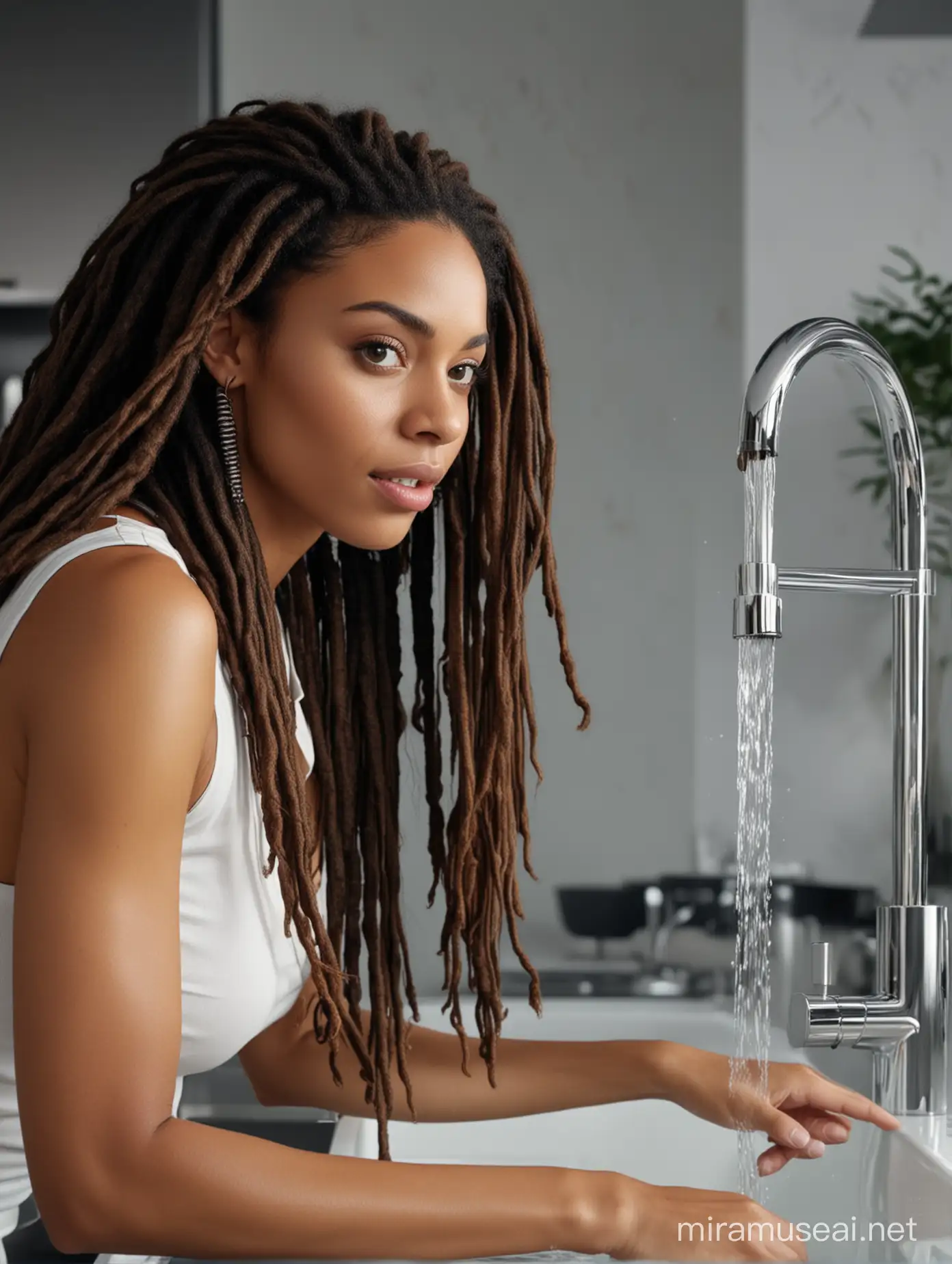 create a Hyperdetailed, Realistic , photorealistic.professional photo.illusory photography of a very beautiful Caribbean woman with long dreadlocks turns on a water tap in her ultra modern kitchen. uhd image, natural beauty realistic shot.hyper hd detailed.4k. --s 1000 --v 6.0