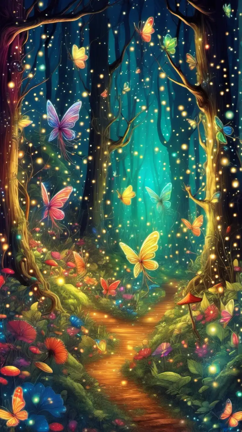 colorful forest, fairies, fireflies