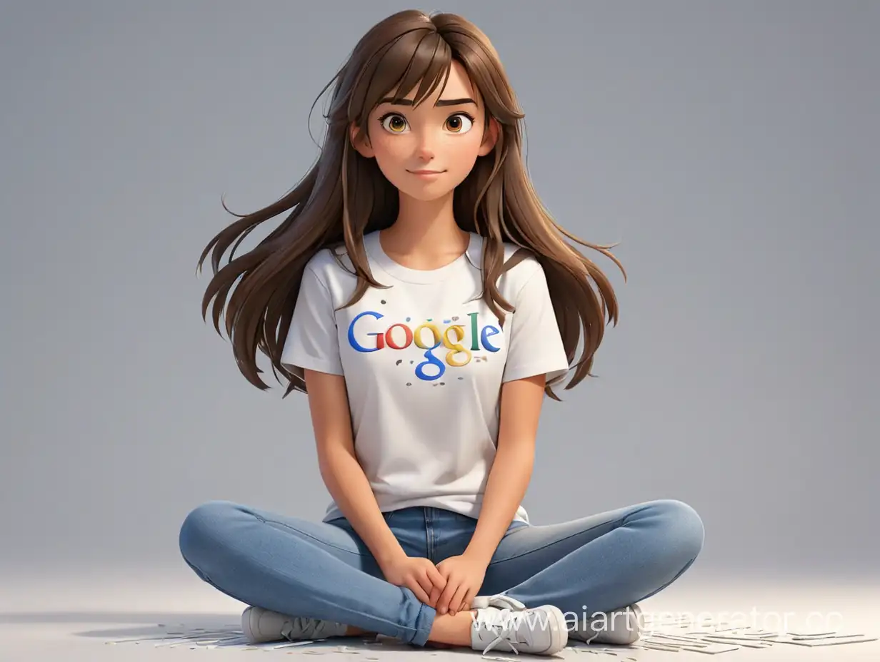 Создай 3D иллюстрацию анимированного персонажа сидящая поверх логотипа "Google". Персонаж - красивая брюнетка без макияжа с темными длинными прямыми волосами и косой челкой, коричневыми глазами, одета в белую футболку, синие джинсы и белые кроссовки. Фоном изображения являются множество кодов программирования
