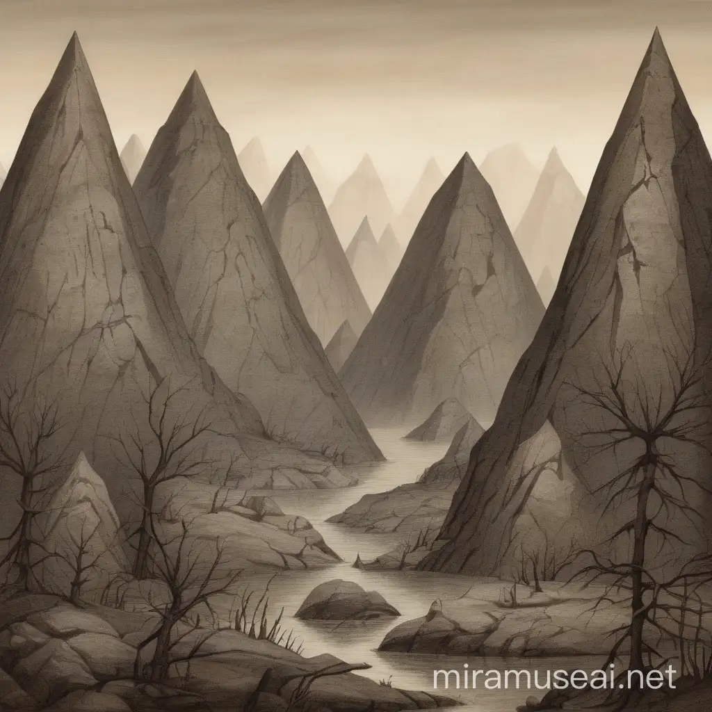 Primitive Mountains Landscape with Silhouetted Peaks at Sunset