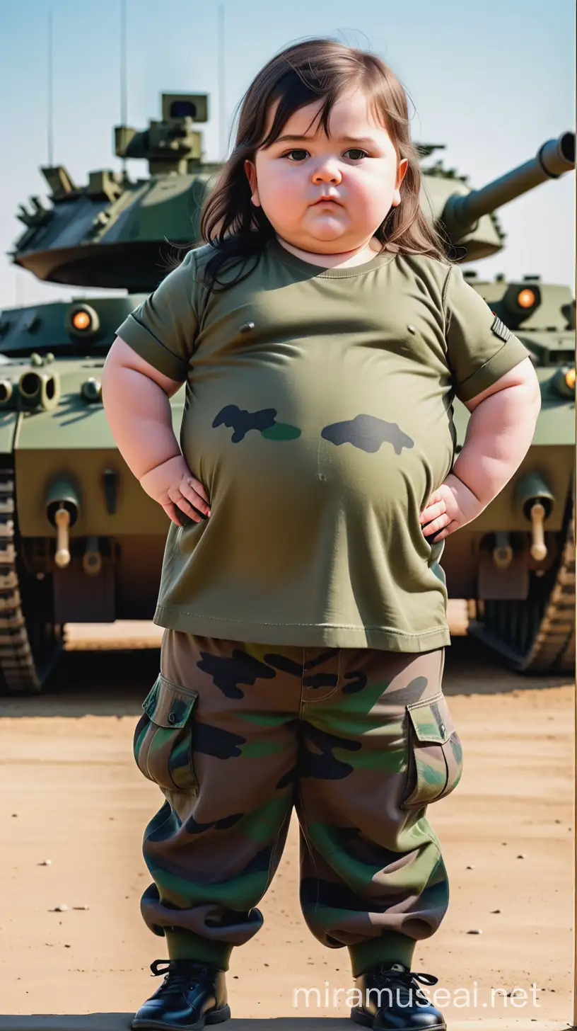 Chubby Child in Camouflage on Military Range with Tank