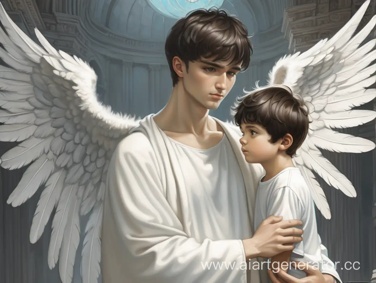 ангел-хранитель худой парень в белой одежде с темными короткими волосами, крыльями закрывает маленького мальчика