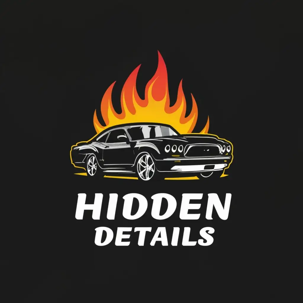 a logo design,with the text "Hidden Details", main symbol:Car, flames, skull,Moderate,be used in Automotive industry,clear background