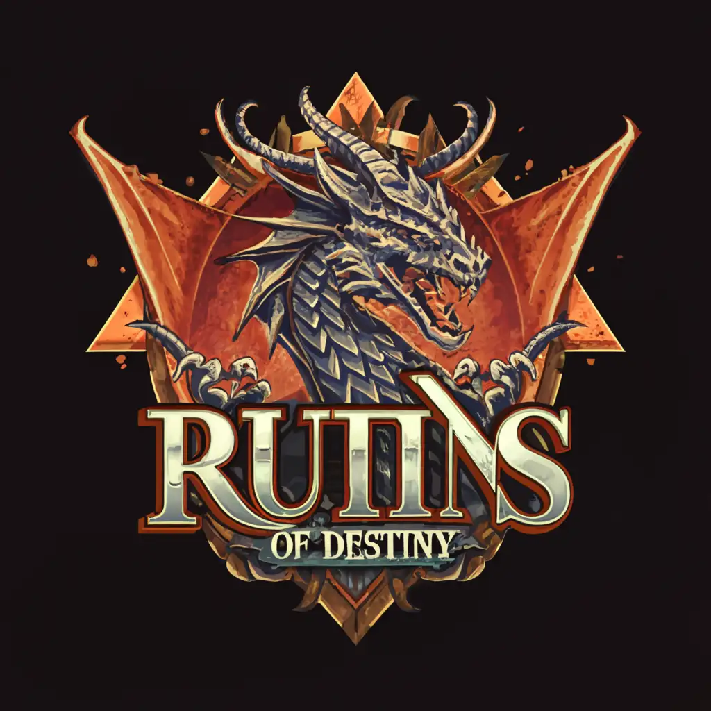 a logo design,with the text "Ruins of Destiny", main symbol:Fantasy Dragon,Moderate,clear background