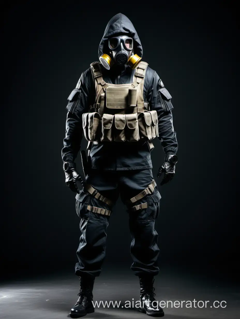 A military figure in full height with a bulletproof vest and a gas mask hooded on him
