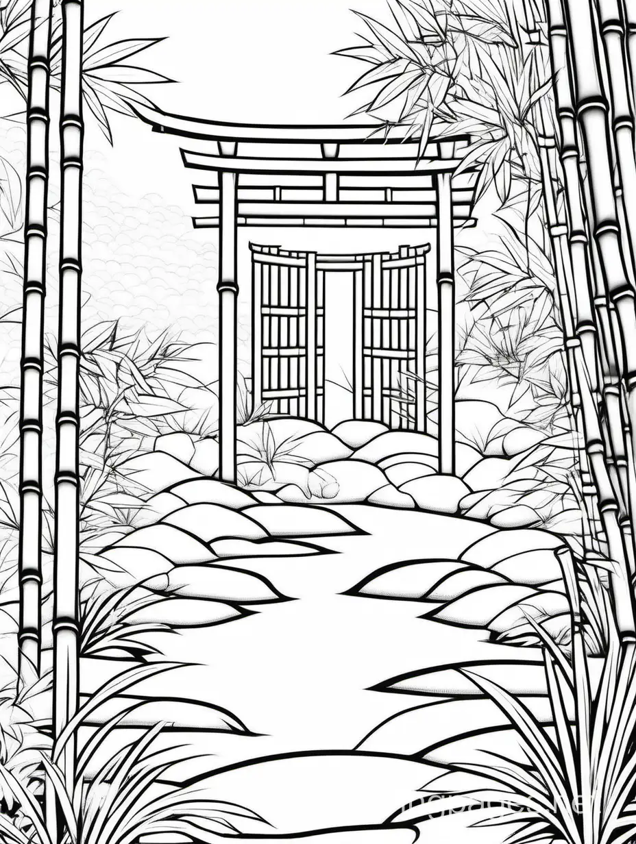 Relaxing Zen Garden with a Bamboo Grove, Coloring Page, black and white, line art, white background, Simplicity, Ample White Space. The background of the coloring page is plain white to make it easy for young children to color within the lines. The outlines of all the subjects are easy to distinguish, making it simple for kids to color without too much difficulty
