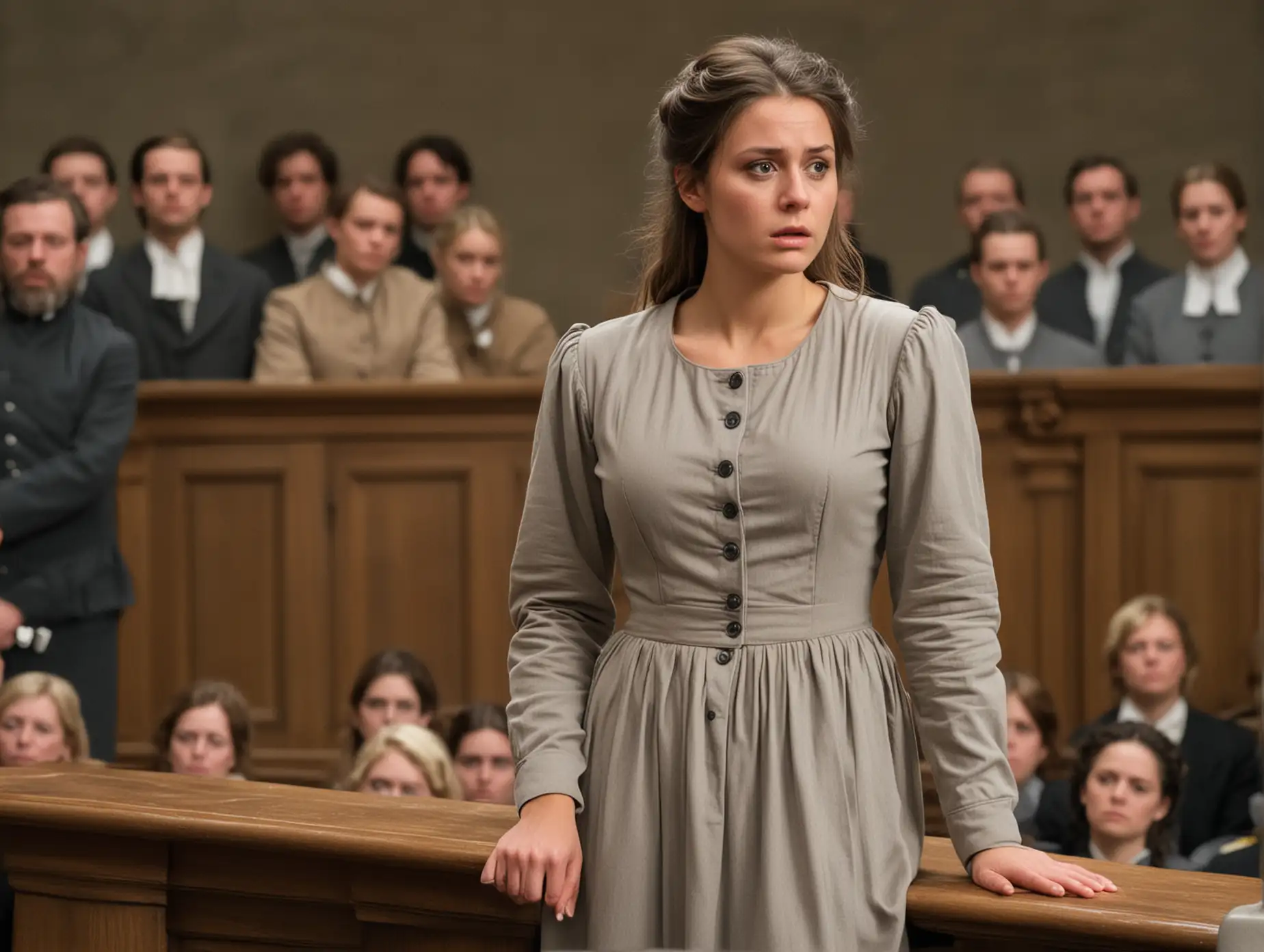 A busty female prisoner (german, 25 years old) stand on a pulpit before the court on her trial (1800s) in worn light-gray buttoned longsleeve collarless prisonerdress(round-neckline, medium hair), head to knee view, She is very sad and desperate, head down
Angry audience sit behind her in brown-beige clothes
