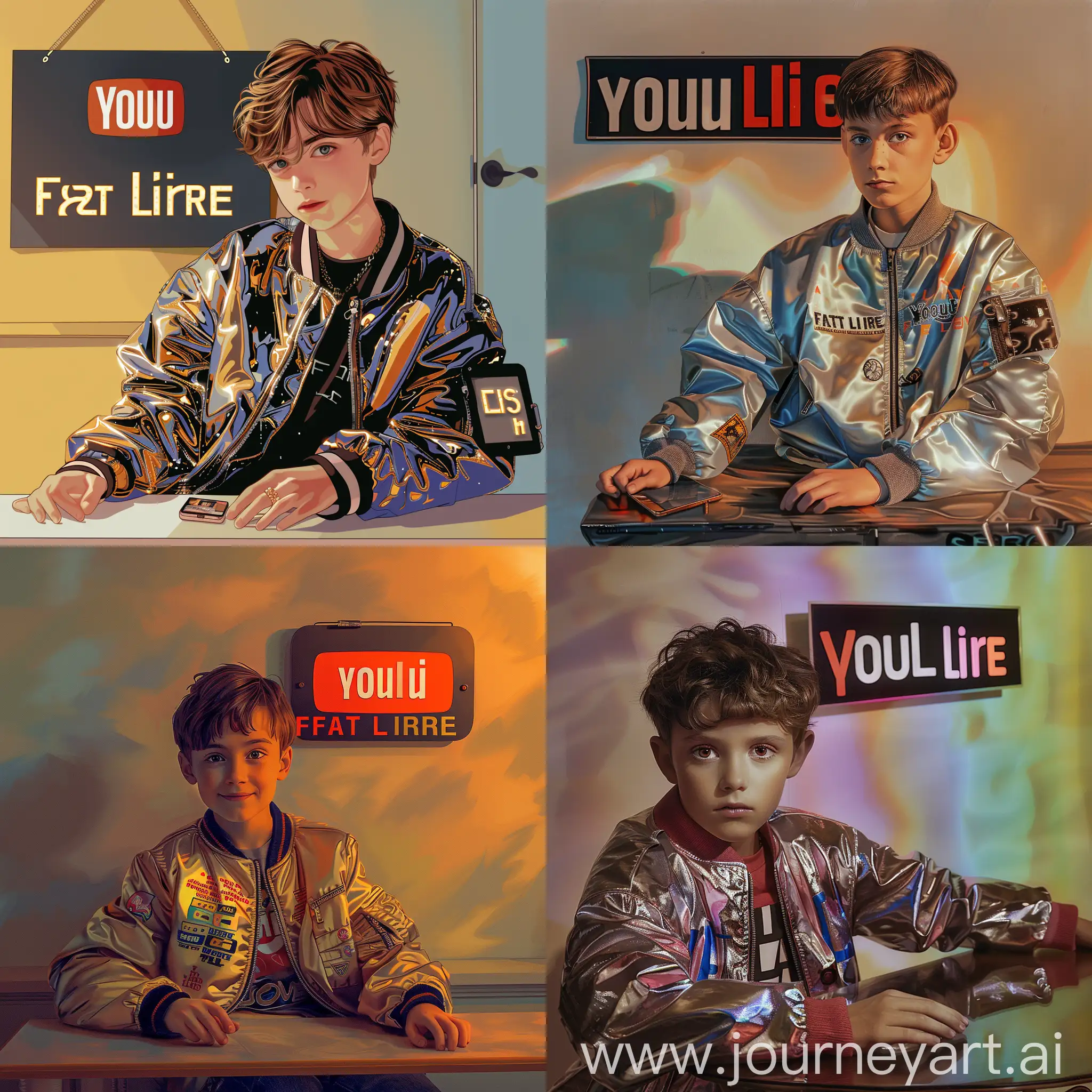 gradiant background and a "youtube" board hang on wall and a smart boy sitting and wear beautiful jacket , "Fact L i r e" Is written on jacket and boy keep hand on beautuful table