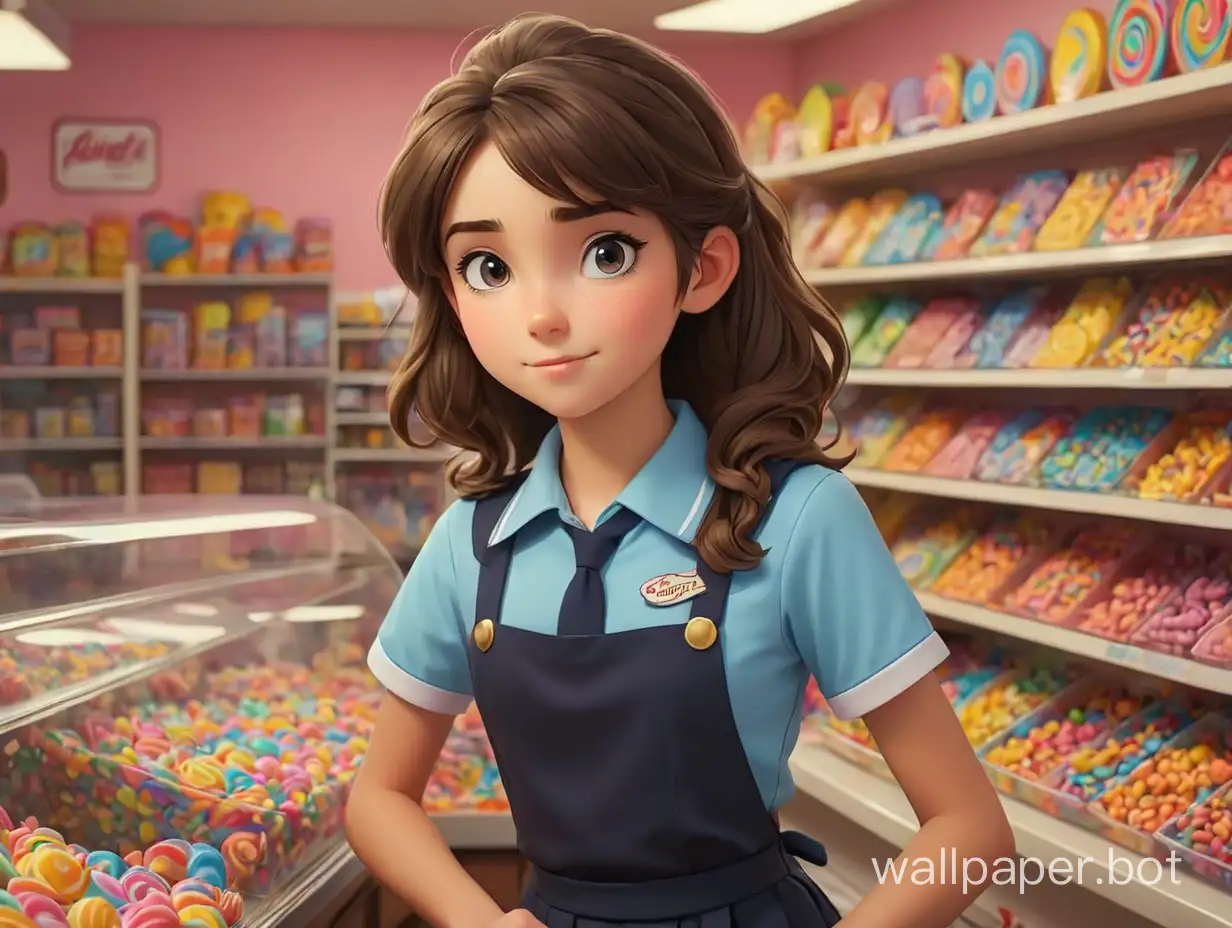 Teenage girl working in a candy shop, full body view, she is wearing a uniform. detailed features, sharp image
