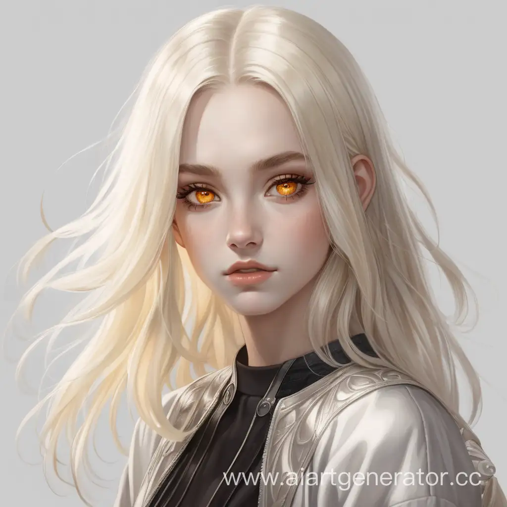 Женщина с янтарными глазами, платиновыми блондинистыми волосами до плечей, в полный рост